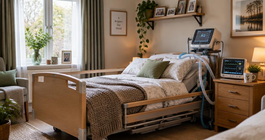 Wohnliches Pflegezimmer mit Pflegebett, Beatmungsgerät und Monitor