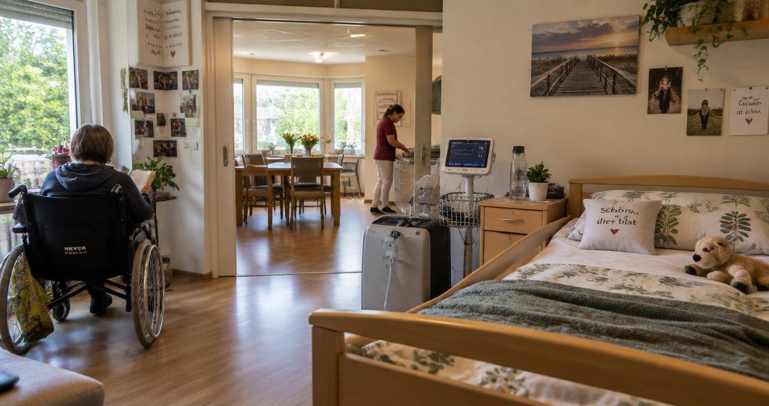 Bewohnerzimmer einer Intensiv-WG mit Pflegebett und Gemeinschaftsbereich