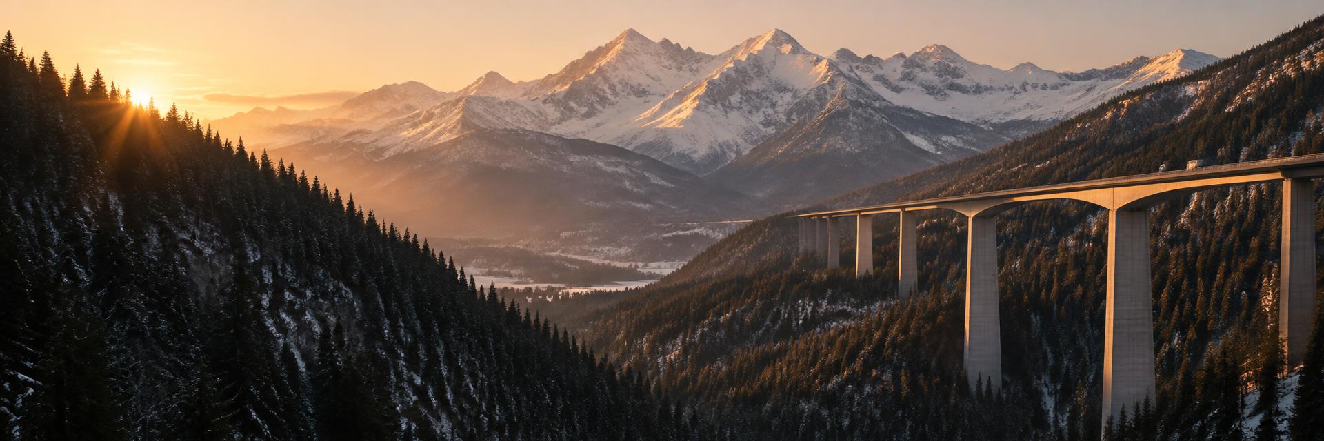 Alpenpanorama mit Wald und moderner Brücke